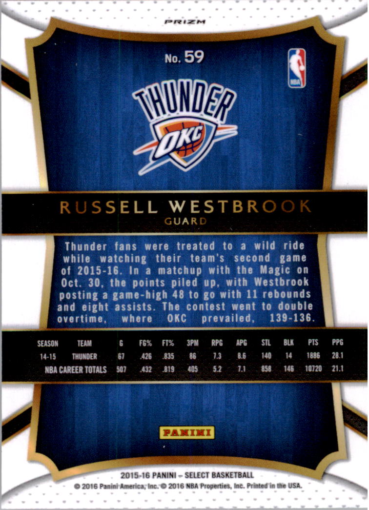2015-16 Select Prizms Silver #59 Russell Westbrook CON back image