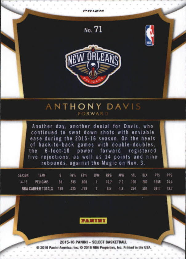 2015-16 Select Prizms Silver #71 Anthony Davis CON