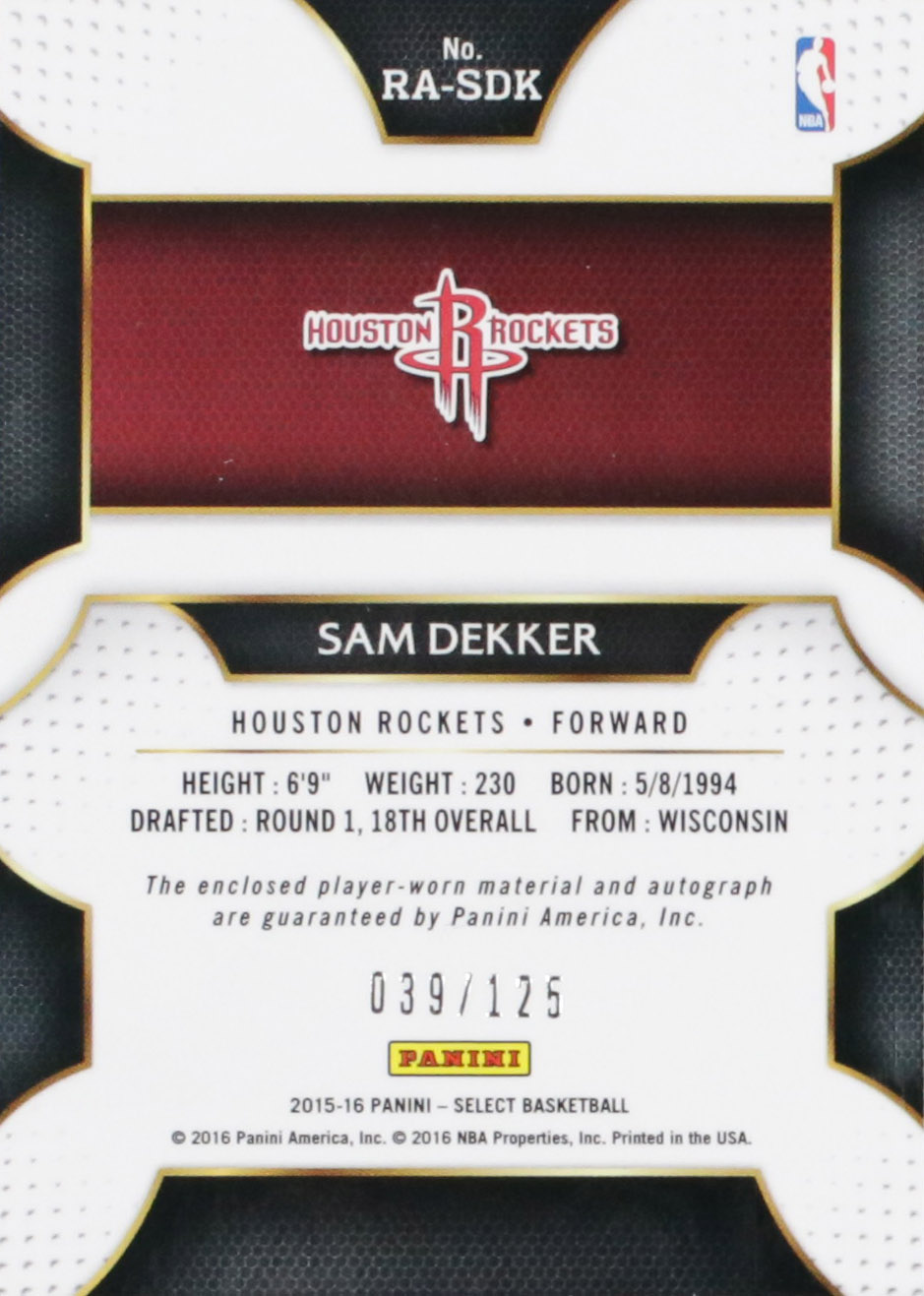 2015-16 Select Rookie Jersey Autographs #20 Sam Dekker back image