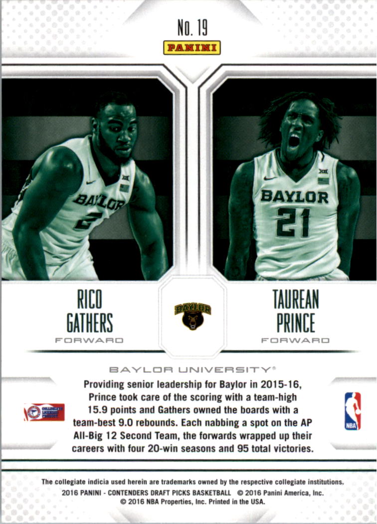 2016-17 Panini Contenders Draft Picks Collegiate Connections #19 Rico Gathers/Taurean Prince back image