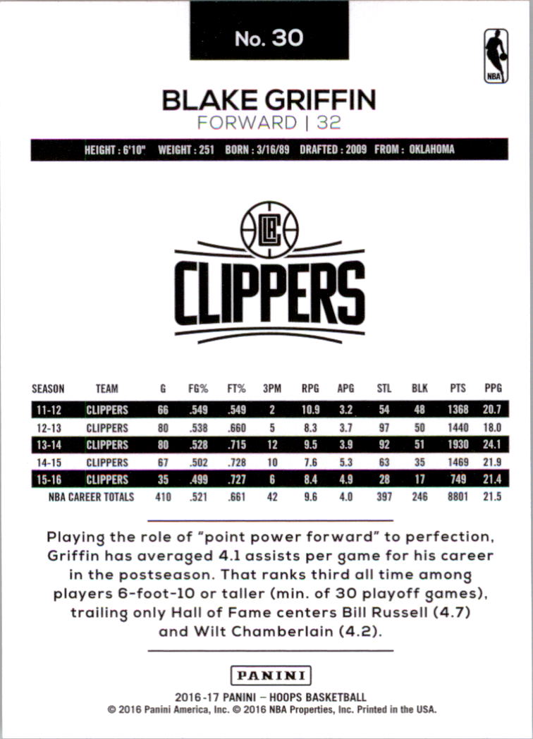 2016-17 Hoops #30 Blake Griffin back image