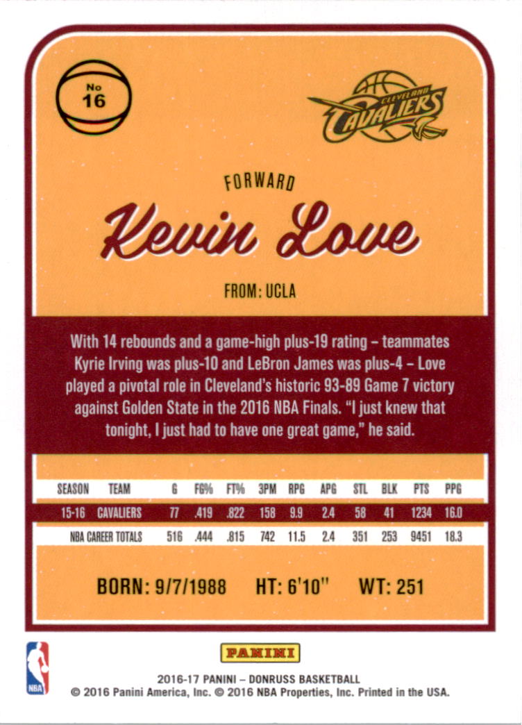 2016-17 Donruss #16 Kevin Love back image