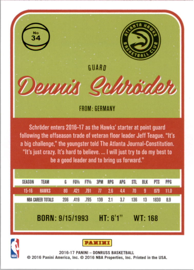 2016-17 Donruss #34 Dennis Schroder back image