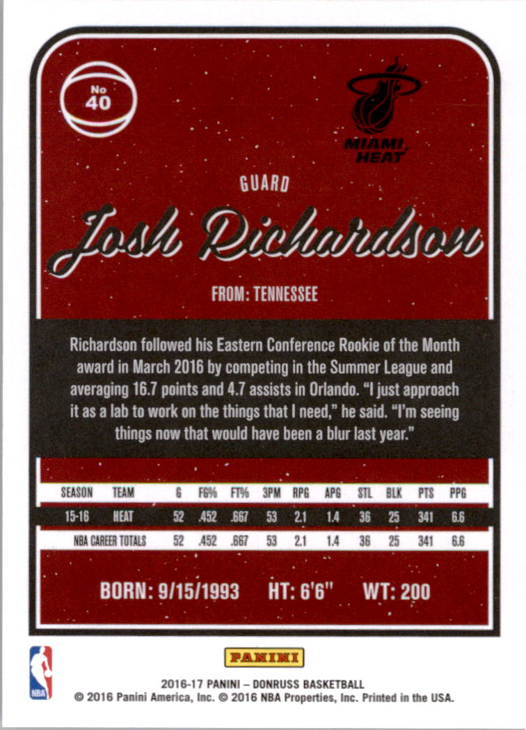 2016-17 Donruss #40 Josh Richardson back image