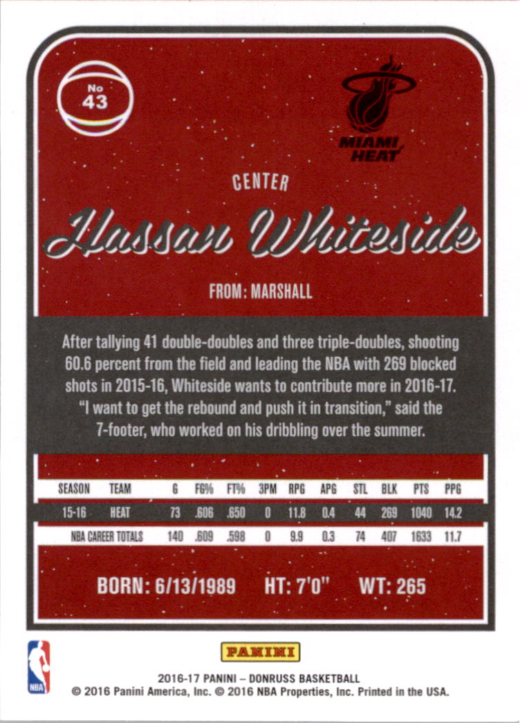 2016-17 Donruss #43 Hassan Whiteside back image