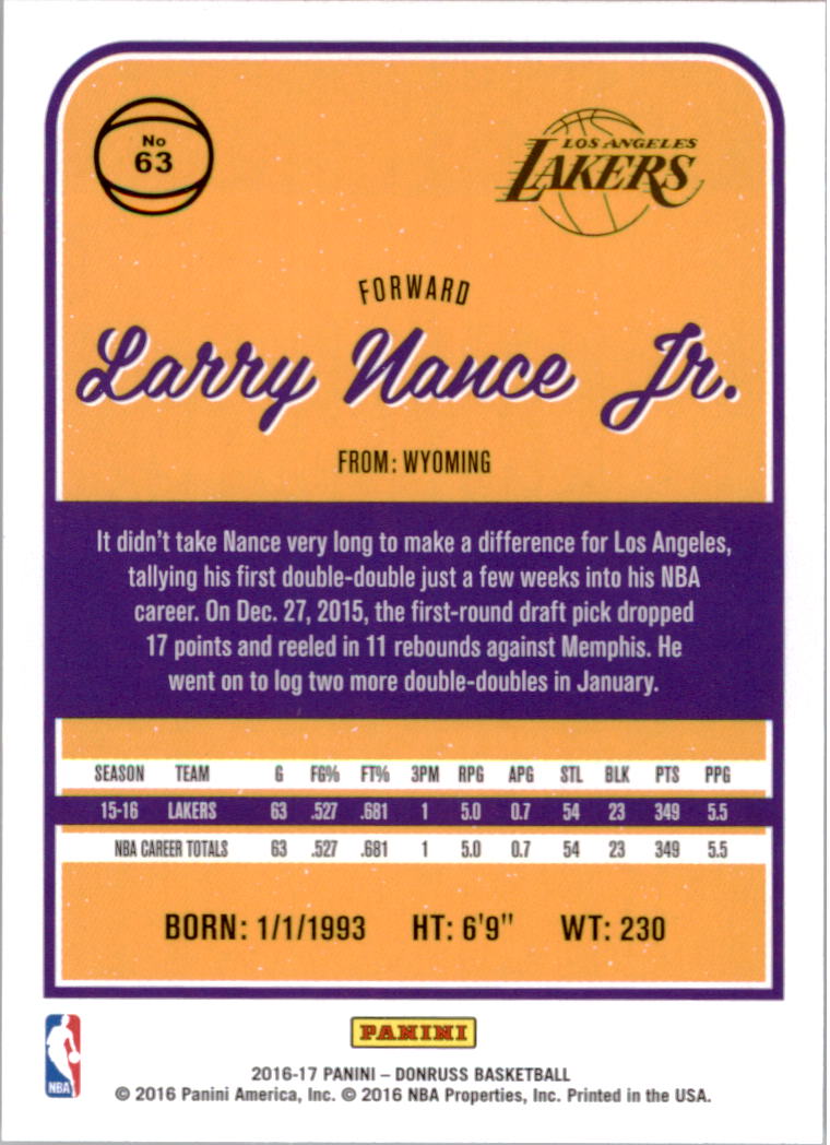 2016-17 Donruss #63 Larry Nance Jr. back image