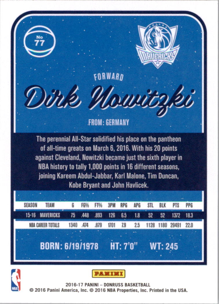 2016-17 Donruss #77 Dirk Nowitzki back image