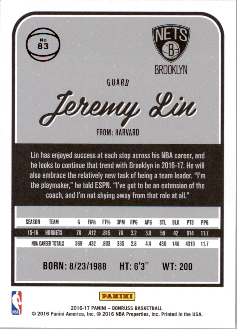 2016-17 Donruss #83 Jeremy Lin back image
