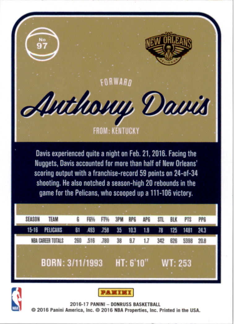 2016-17 Donruss #97 Anthony Davis back image