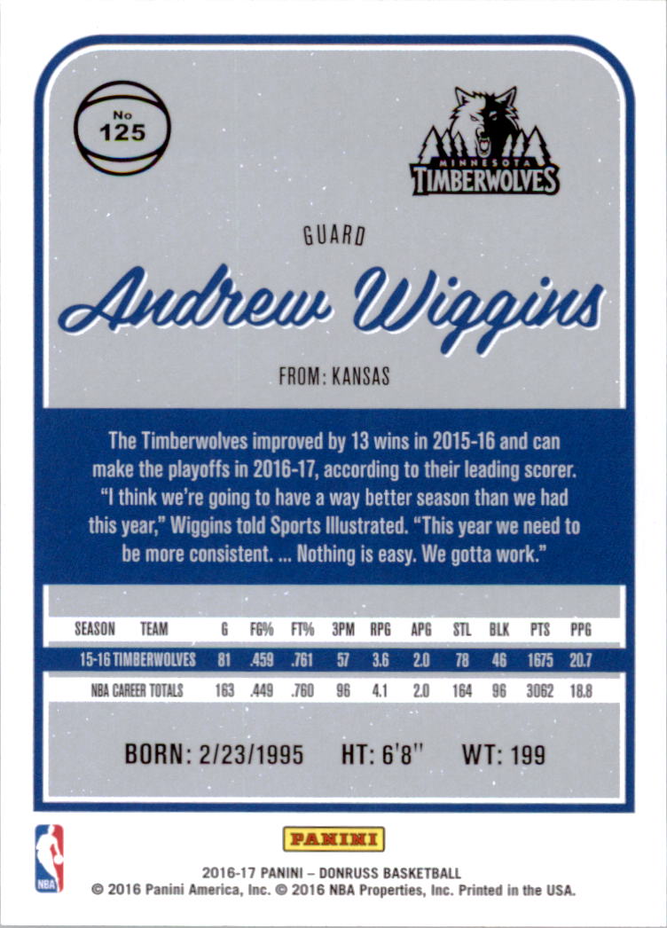 2016-17 Donruss #125 Andrew Wiggins back image