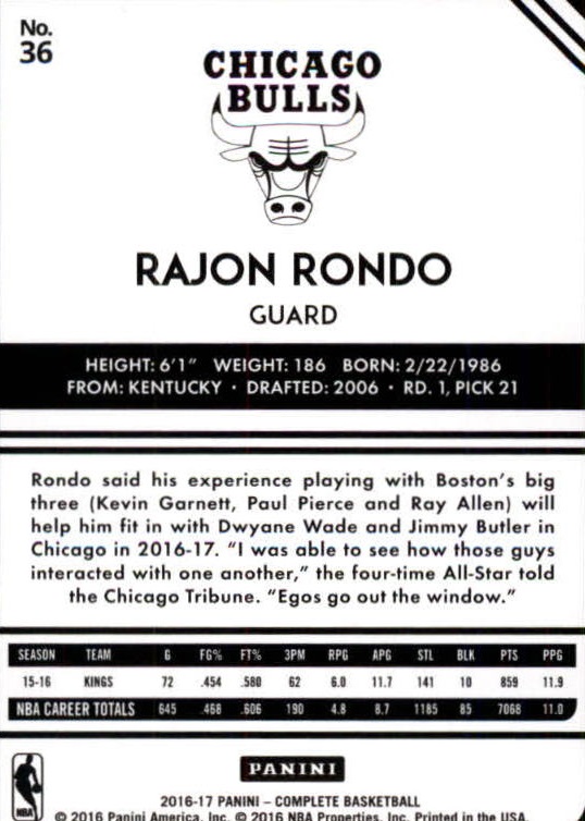2016-17 Panini Complete #36 Rajon Rondo back image