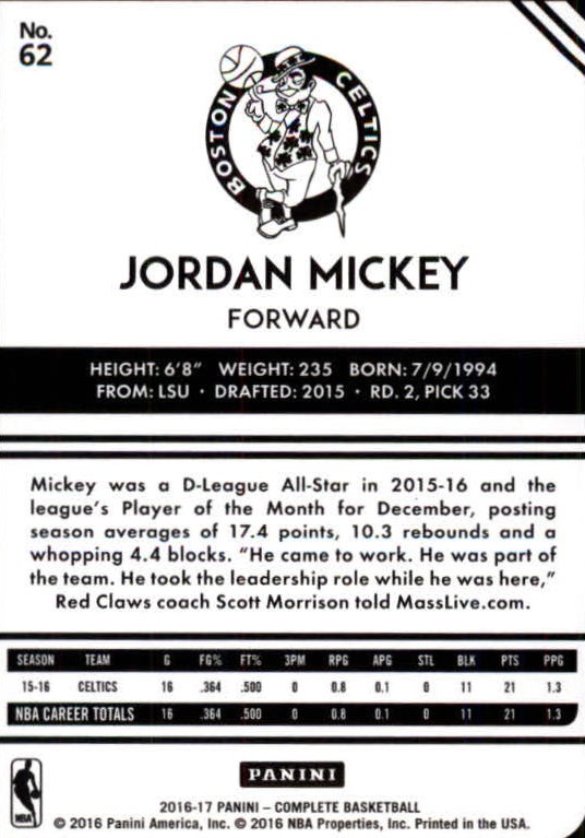 2016-17 Panini Complete #62 Jordan Mickey back image