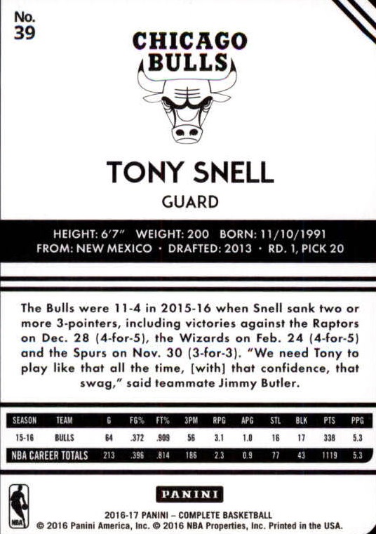 2016-17 Panini Complete Silver #39 Tony Snell back image