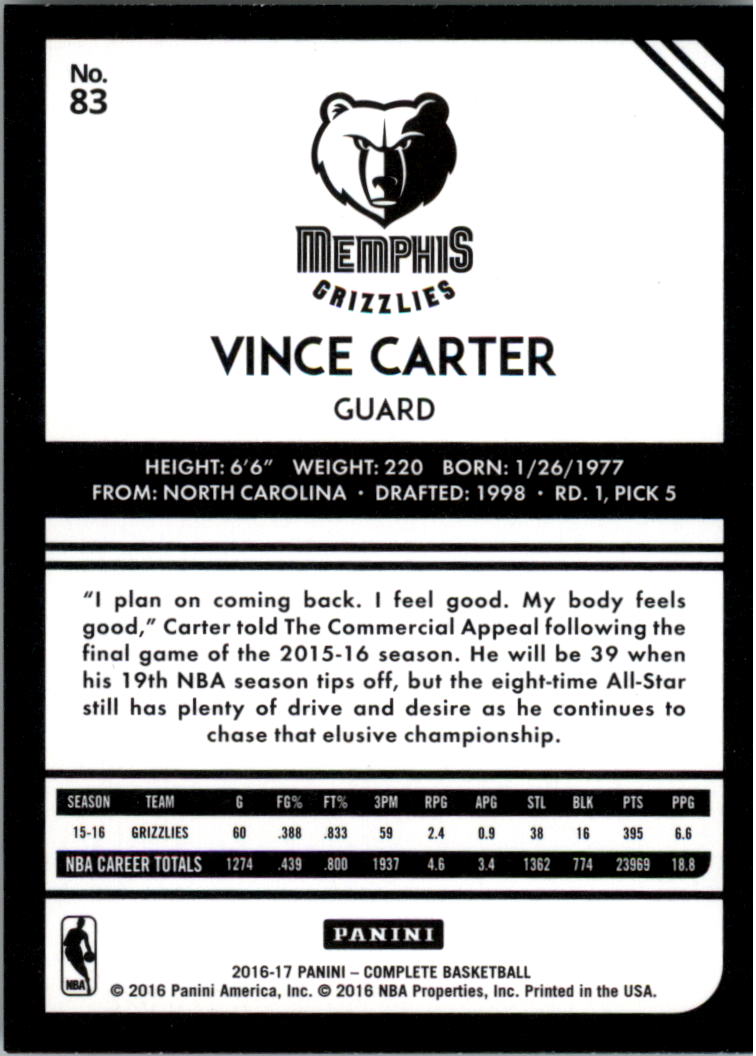 2016-17 Panini Complete Silver #83 Vince Carter back image