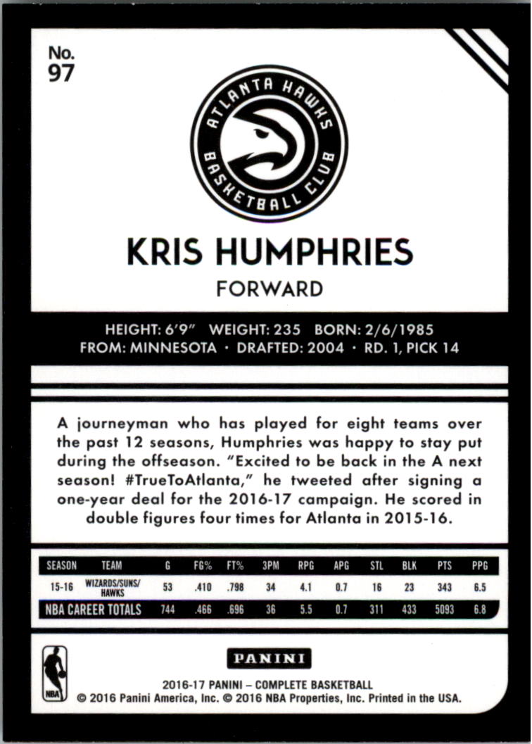 2016-17 Panini Complete Silver #97 Kris Humphries back image