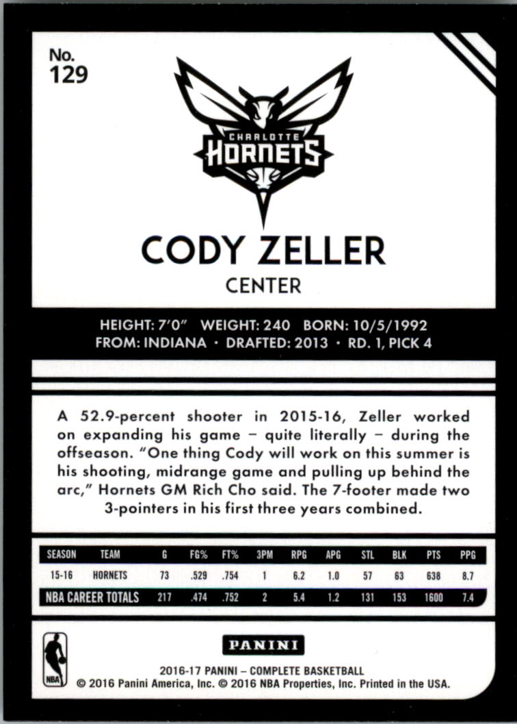 2016-17 Panini Complete Silver #129 Cody Zeller back image