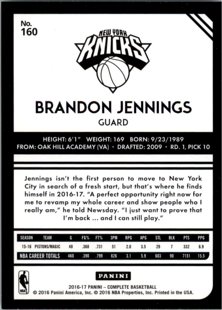 2016-17 Panini Complete Silver #160 Brandon Jennings back image