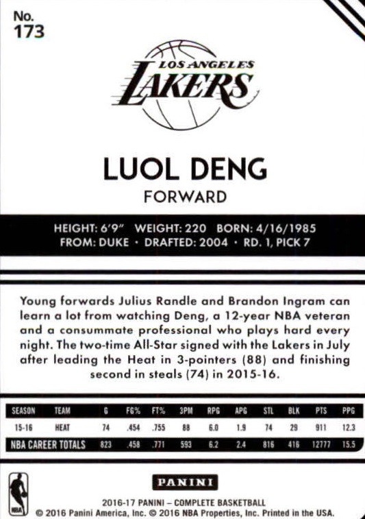 2016-17 Panini Complete Silver #173 Luol Deng back image