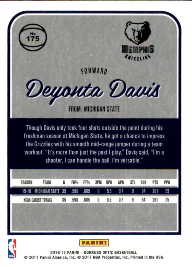 2016-17 Donruss Optic #175 Deyonta Davis RC back image