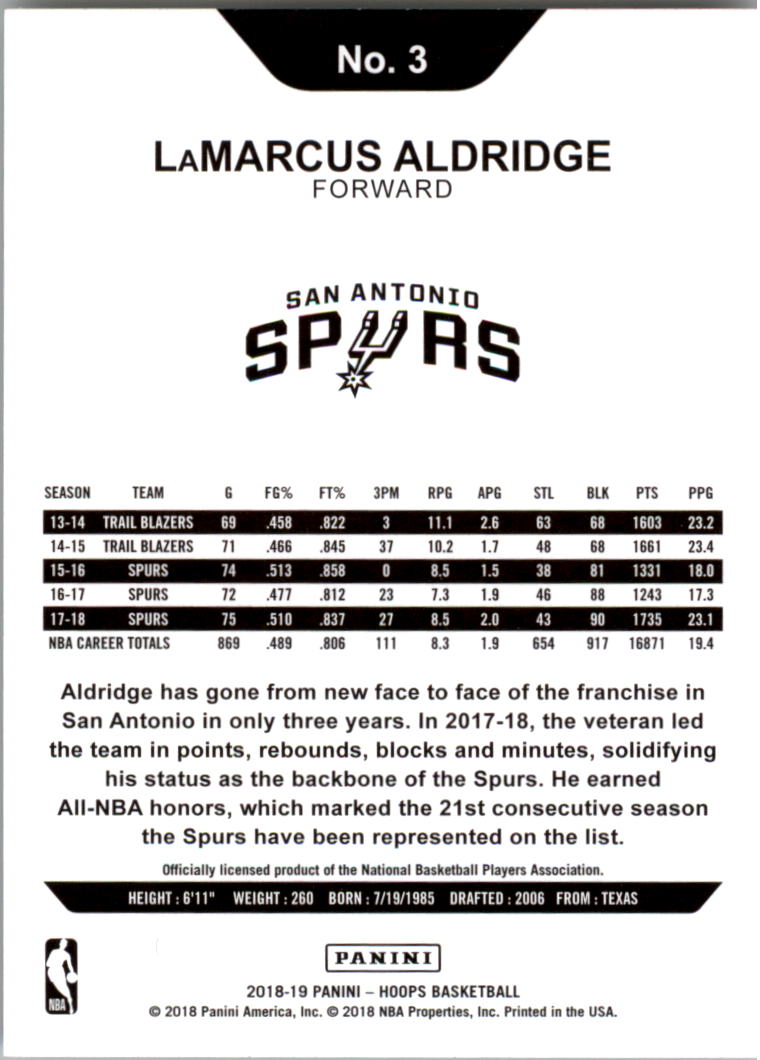 2018-19 Hoops #3 LaMarcus Aldridge back image
