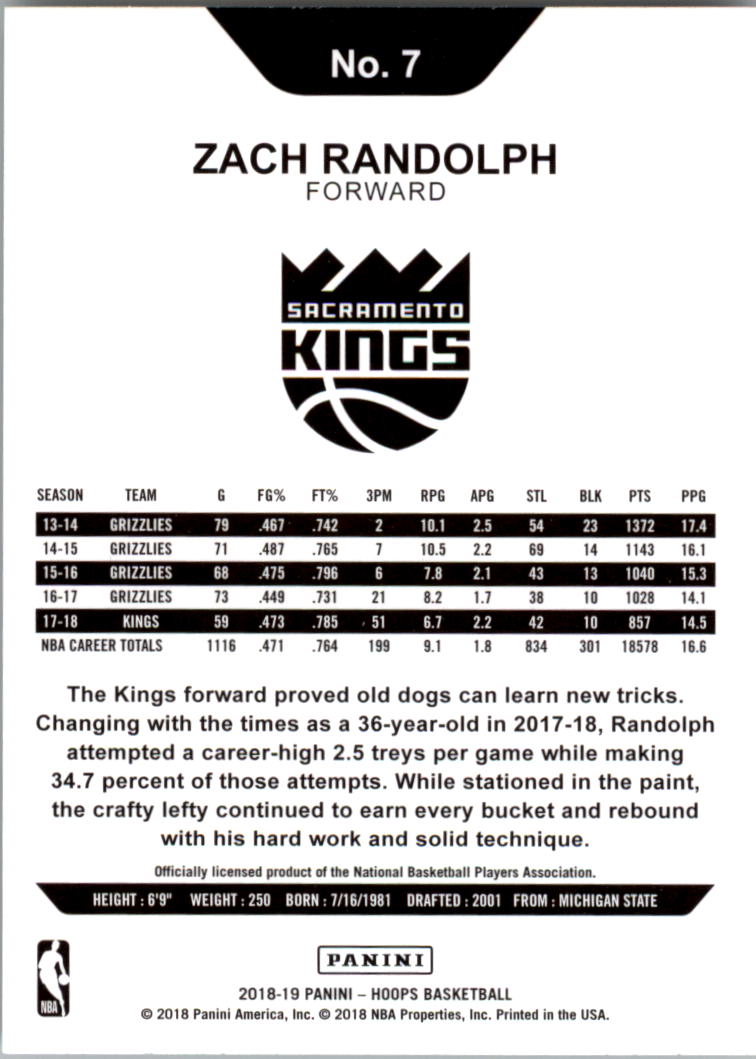 2018-19 Hoops #7 Zach Randolph back image
