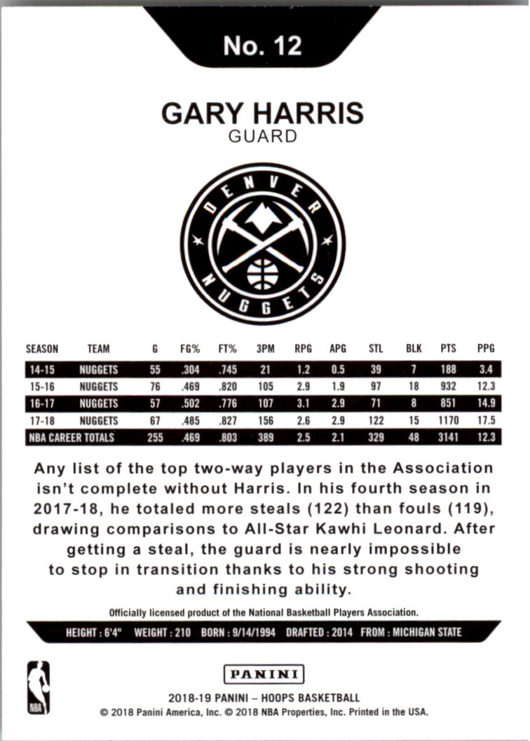 2018-19 Hoops #12 Gary Harris back image