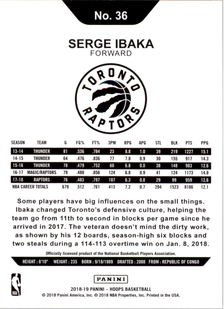 2018-19 Hoops #36 Serge Ibaka back image