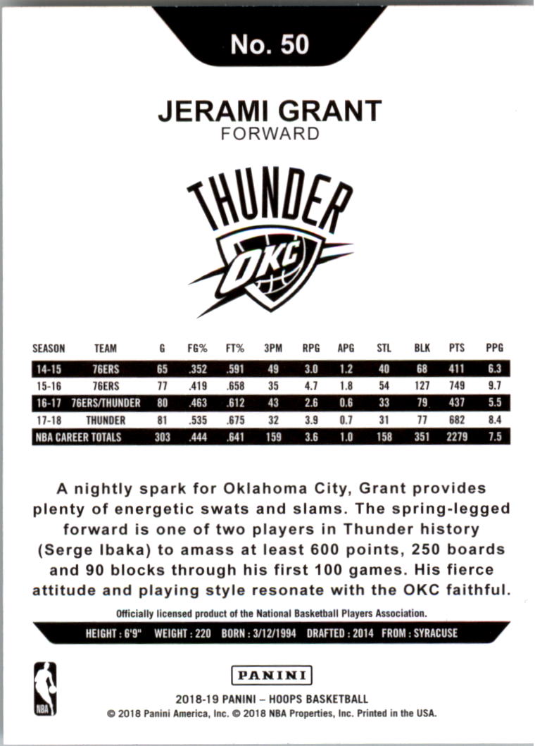 2018-19 Hoops #50 Jerami Grant back image