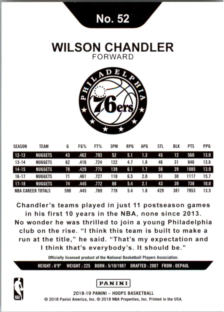 2018-19 Hoops #52 Wilson Chandler back image