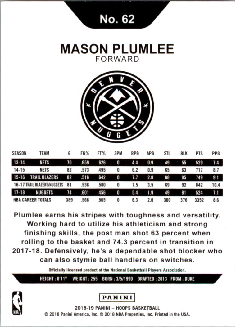 2018-19 Hoops #62 Mason Plumlee back image