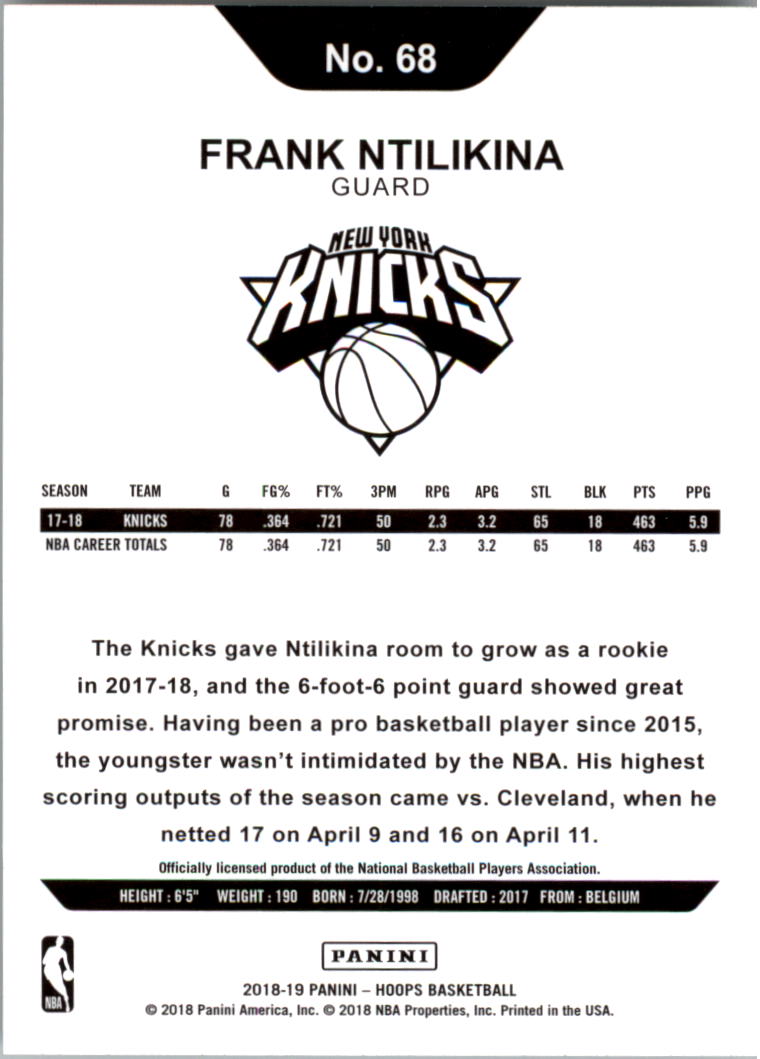 2018-19 Hoops #68 Frank Ntilikina back image