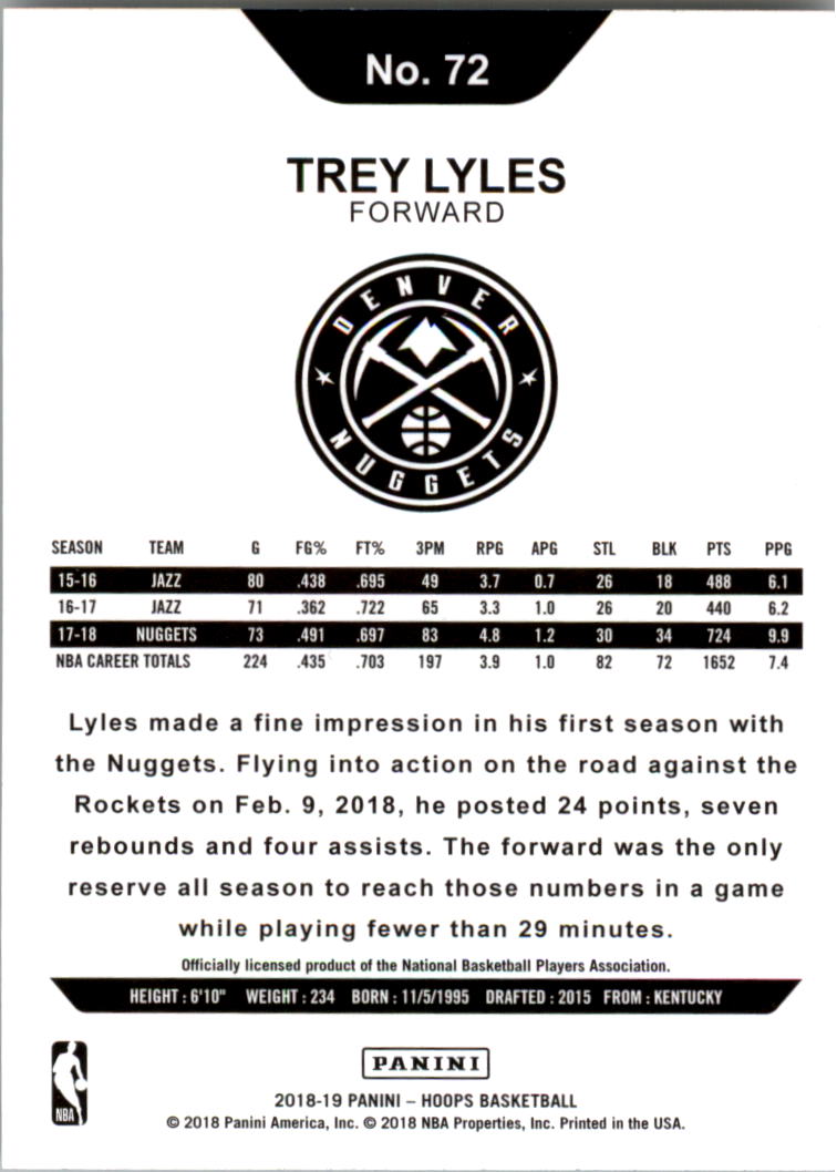 2018-19 Hoops #72 Trey Lyles back image