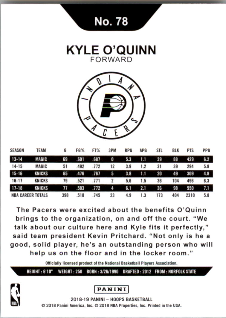 2018-19 Hoops #78 Kyle O'Quinn back image