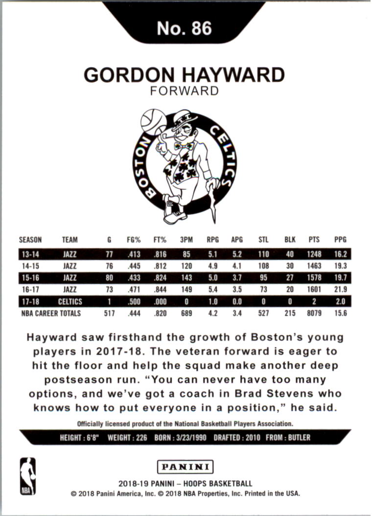 2018-19 Hoops #86 Gordon Hayward back image