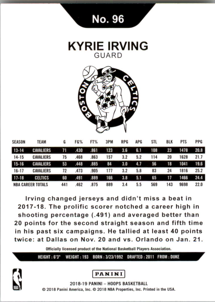 2018-19 Hoops #96 Kyrie Irving back image