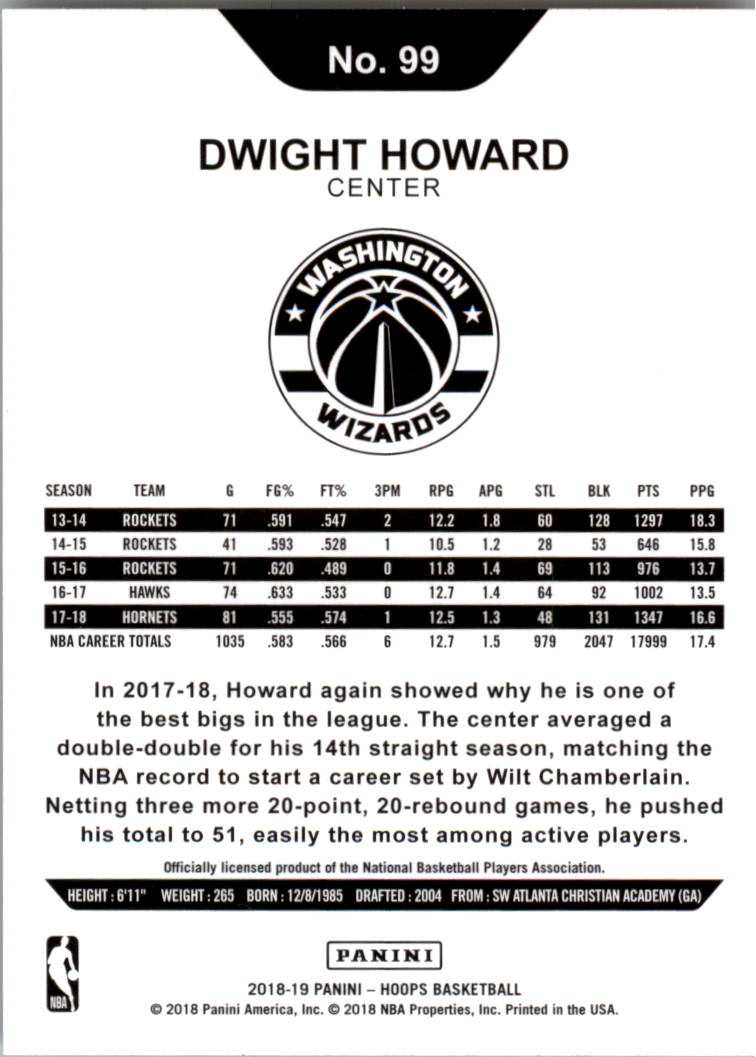 2018-19 Hoops #99 Dwight Howard back image