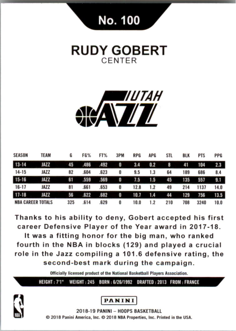 2018-19 Hoops #100 Rudy Gobert back image