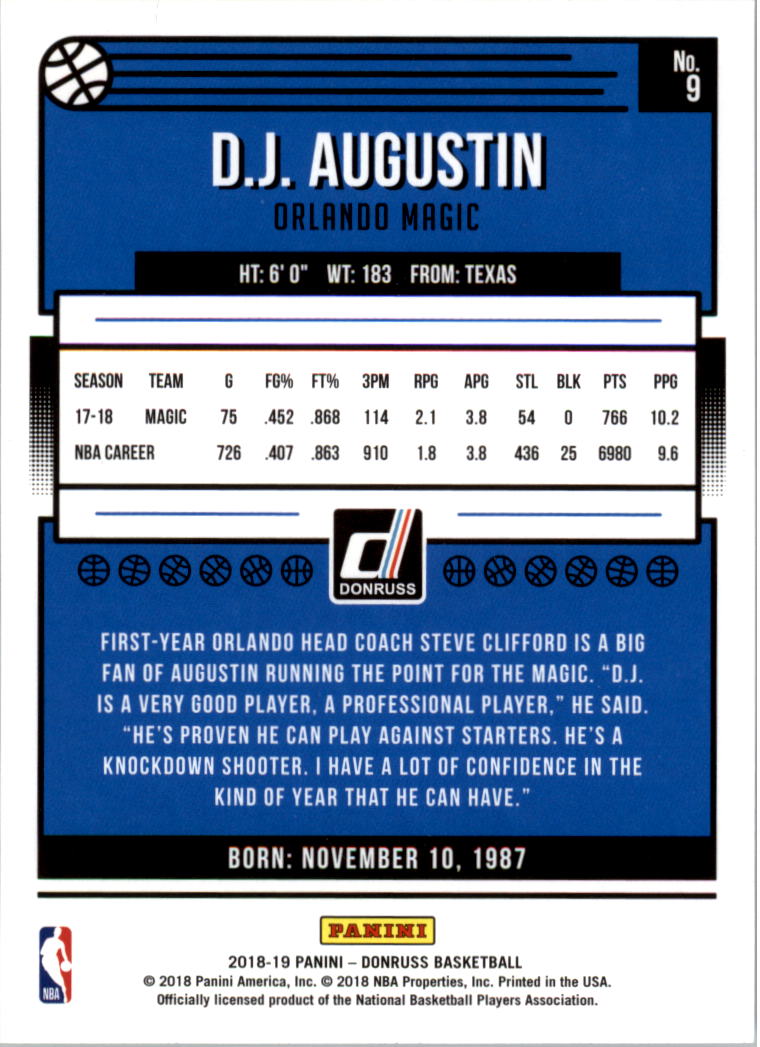 2018-19 Donruss #9 D.J. Augustin back image