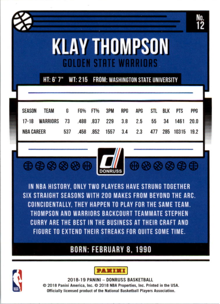 2018-19 Donruss #12 Klay Thompson back image