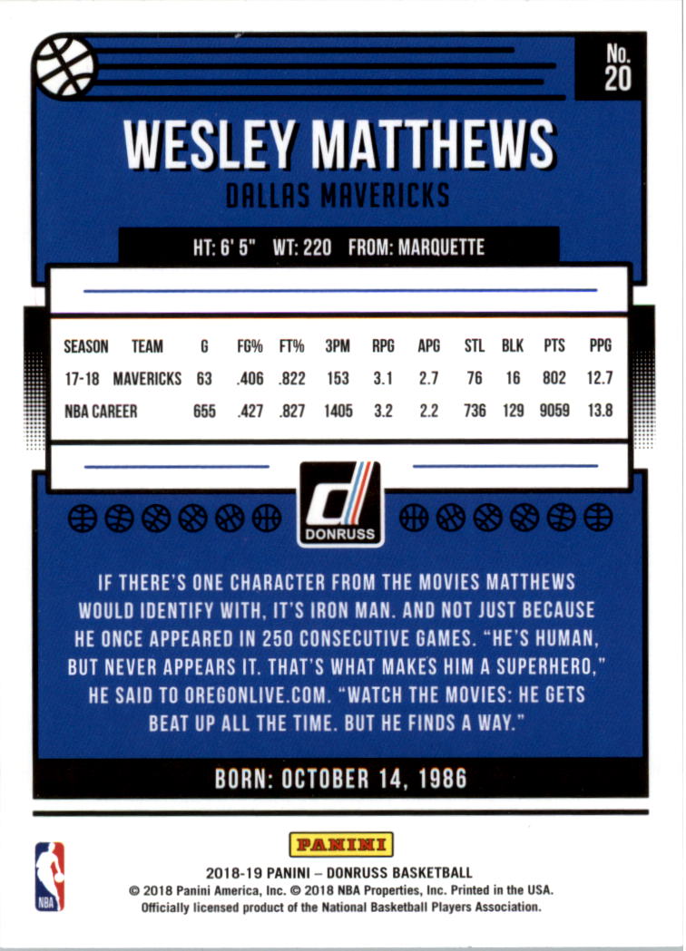 2018-19 Donruss #20 Wesley Matthews back image