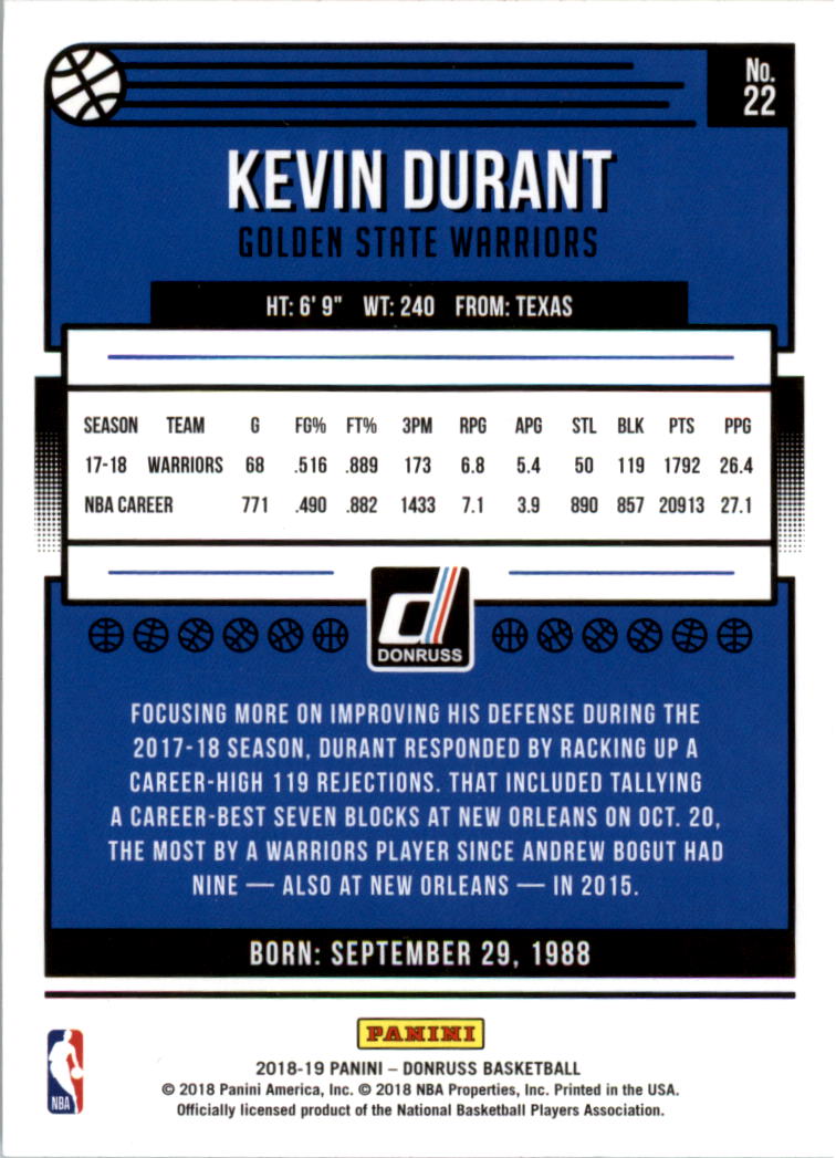 2018-19 Donruss #22 Kevin Durant back image