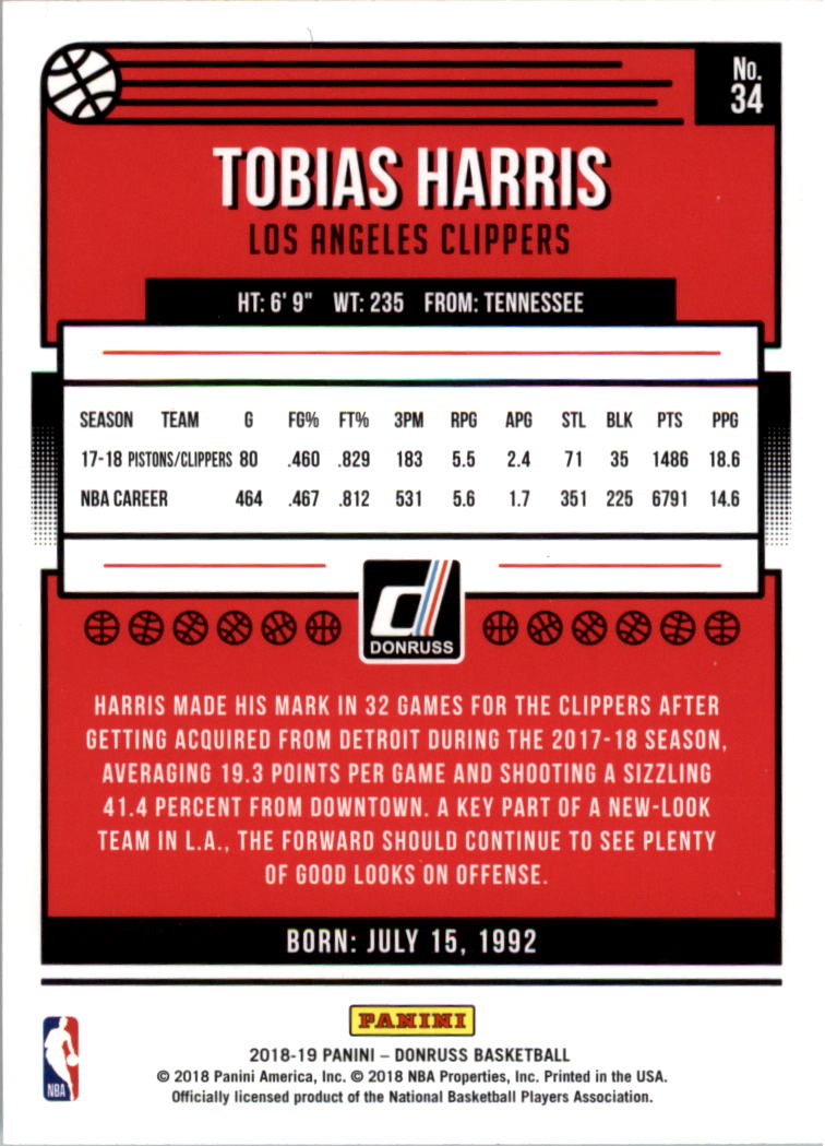2018-19 Donruss #34 Tobias Harris back image