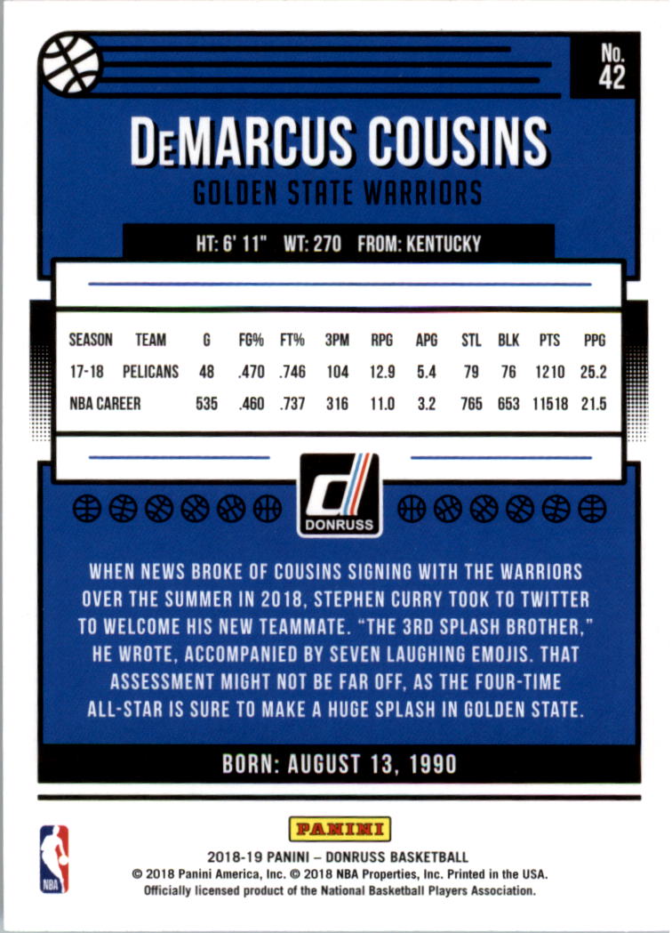 2018-19 Donruss #42 DeMarcus Cousins back image