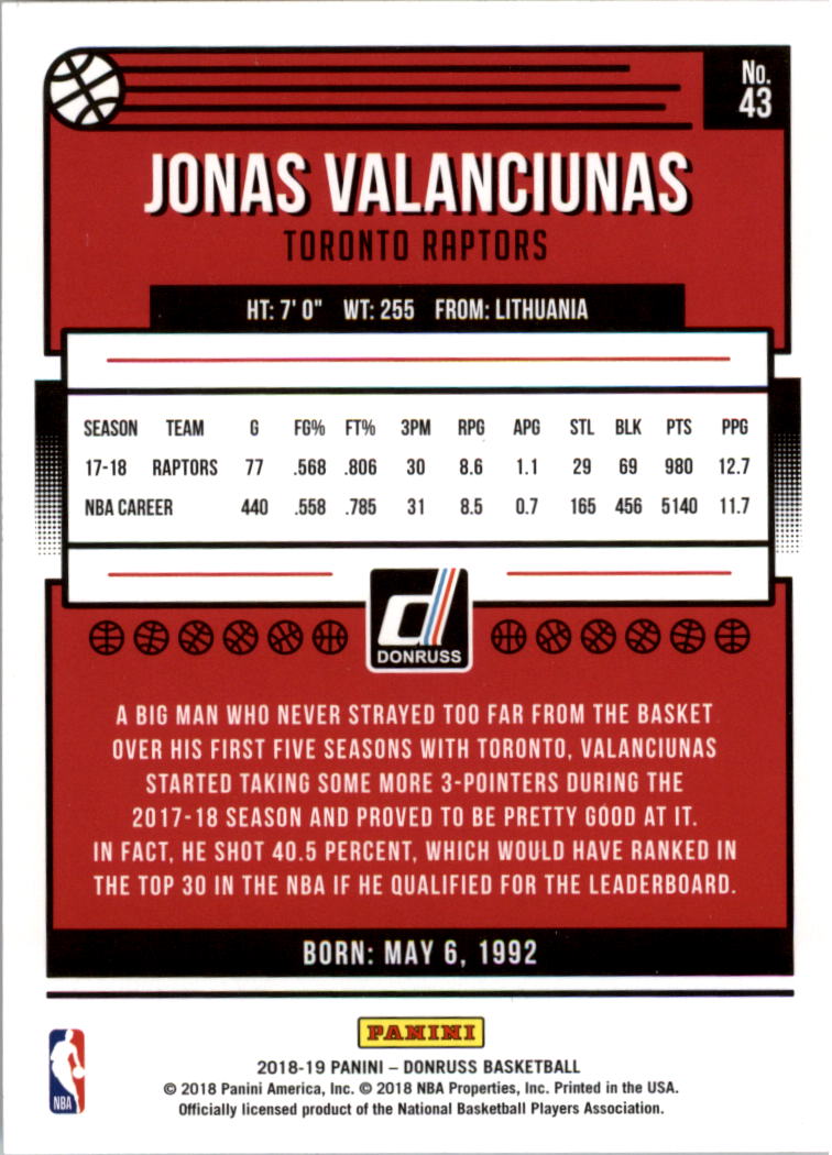 2018-19 Donruss #43 Jonas Valanciunas back image