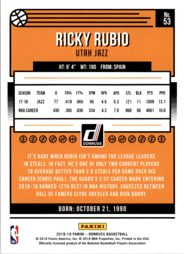 2018-19 Donruss #53 Ricky Rubio back image