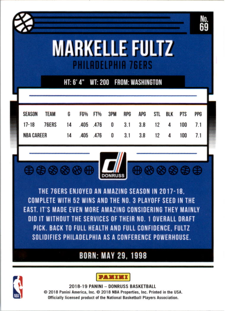 2018-19 Donruss #69 Markelle Fultz back image