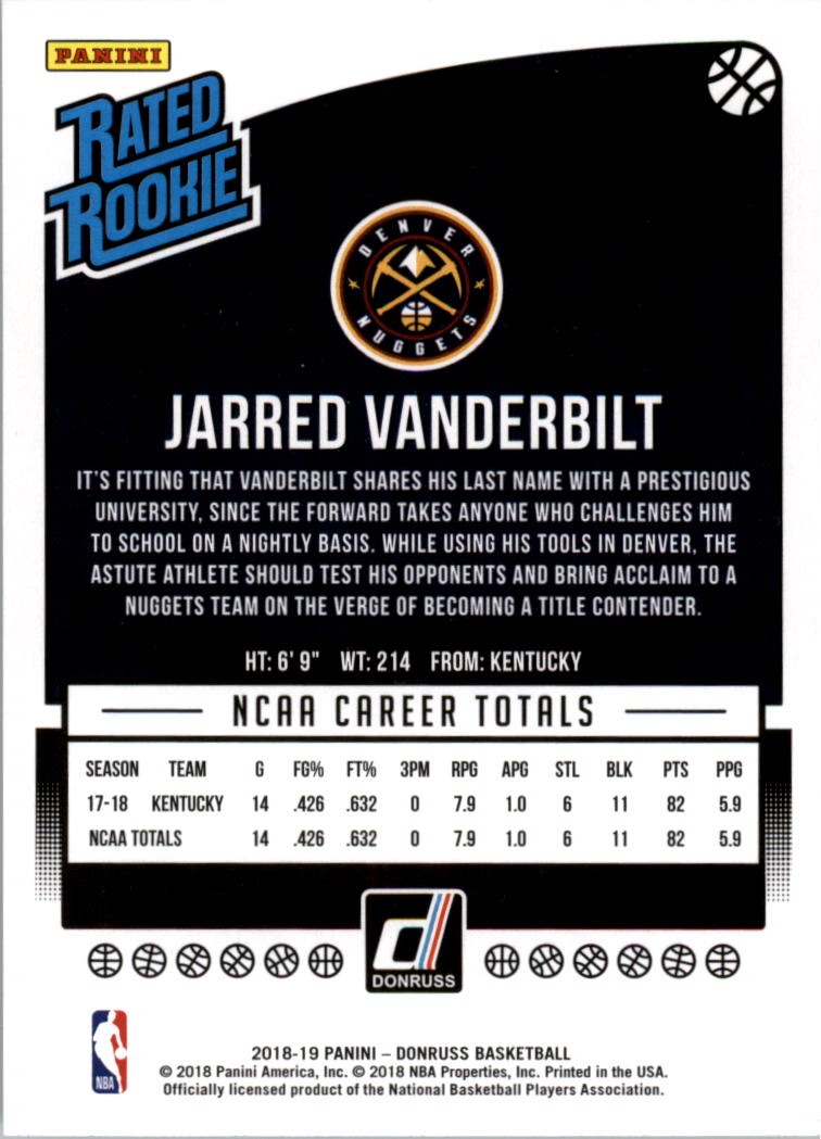 2018-19 Donruss #151 Jarred Vanderbilt RR RC back image