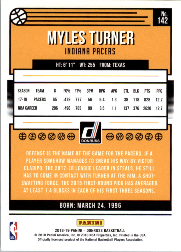 2018-19 Donruss Press Proof Silver #142 Myles Turner back image