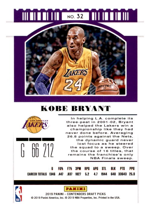2019-20 Panini Contenders Draft Picks #32 Kobe Bryant back image