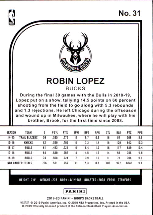 2019-20 Hoops #31 Robin Lopez back image